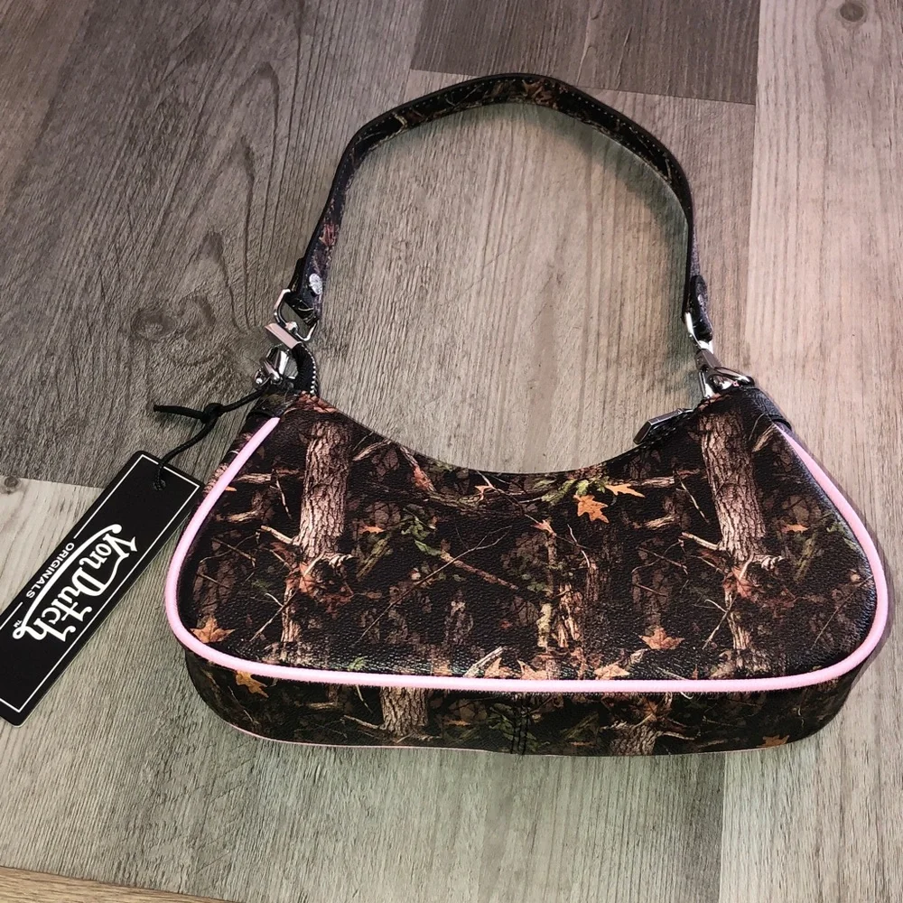 Von Dutch Tree Camo Shoulder Bag Pink Logo & Von Dutch Logo Chain Accent NWT - Picture 12 of 16